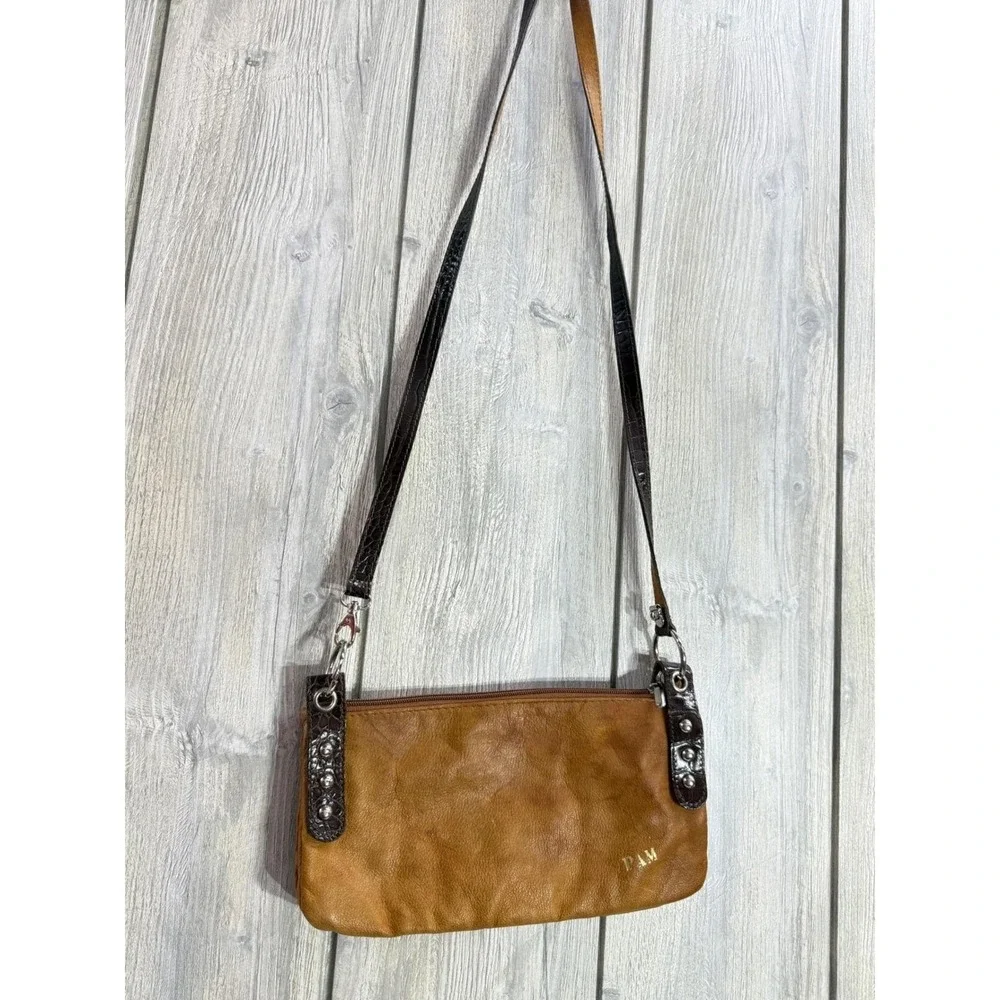 Lavorazione Artigianale Italy Tan Leather Foldover Crossbody Bag Croc Trim PAM